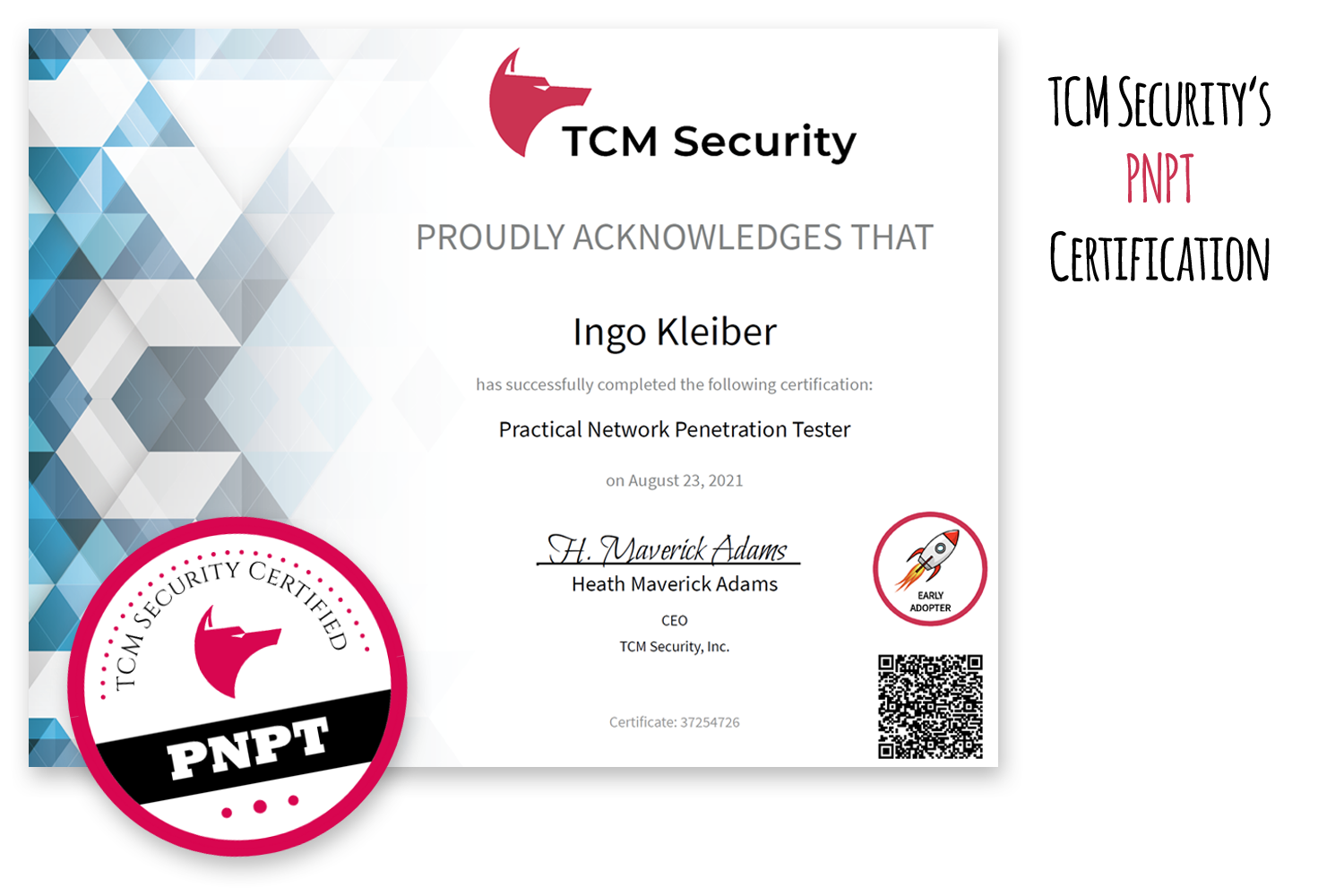 TCM Security's PNPT Certification (Certificate Ingo Kleiber)